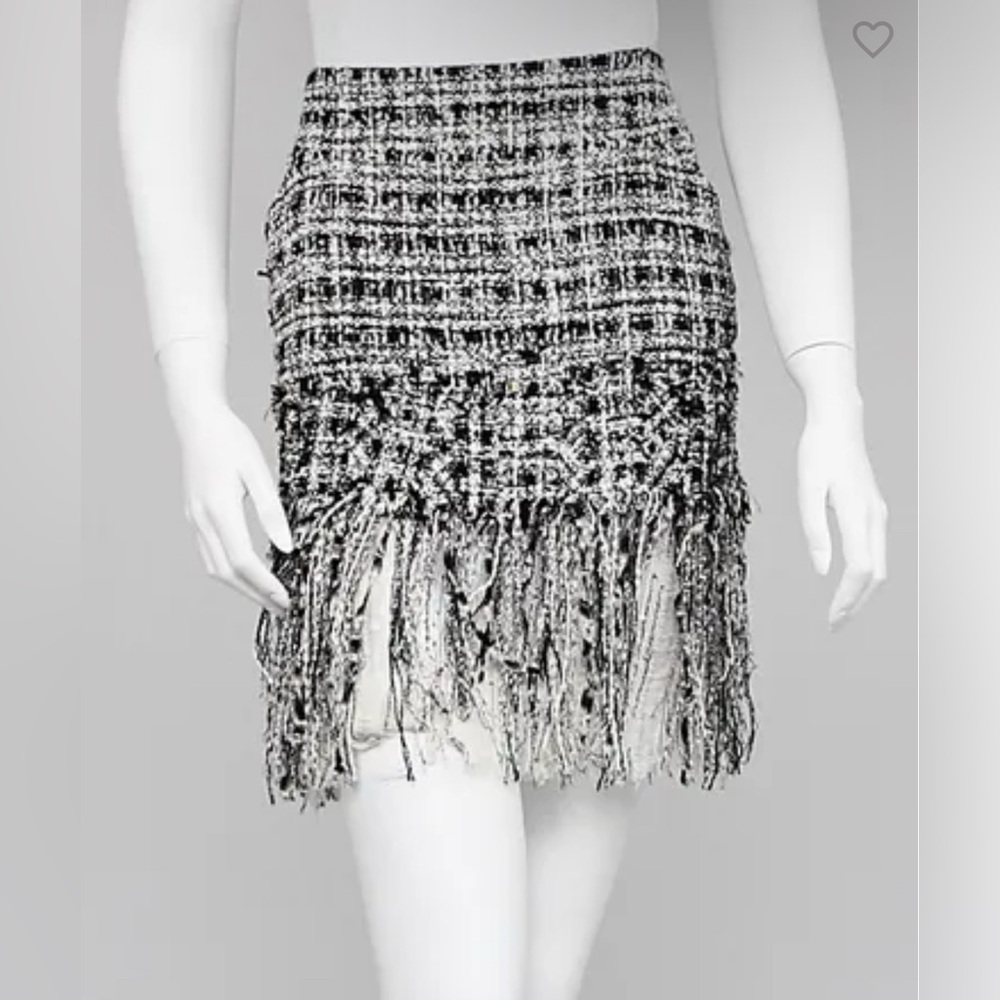 CHANEL Black and White Tweed Fringe and silk chiffon Mini Skirt 40 NO OFFERS
